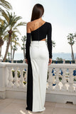Black and White One Shoulder Cut Out Long Formal Dress
