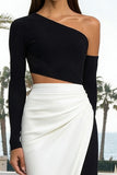 Black and White One Shoulder Cut Out Long Formal Dress