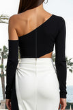 Black and White One Shoulder Cut Out Long Formal Dress