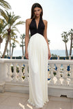 Black and White Halter Pleated Long Formal Dress
