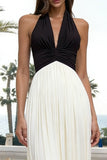 Black and White Halter Pleated Long Formal Dress