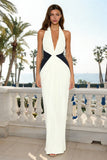 Black and White Halter Ruched Long Formal Dress