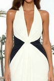 Black and White Halter Ruched Long Formal Dress