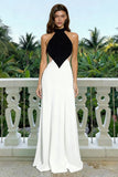 Elegant Black and White Halter Long Formal Dress