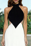 Elegant Black and White Halter Long Formal Dress