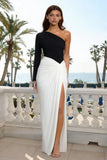 One Shoulder Black and White Ruched Formal Dress