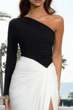 One Shoulder Black and White Ruched Formal Dress