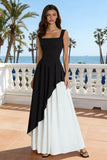 Black and White A Line Square Neck Ruffled Formal Dress