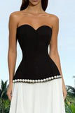 Strapless Black and White Formal Dress with Pearls