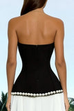 Strapless Black and White Formal Dress with Pearls