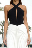 Black and White Halter Cut Out Ruched Formal Dress