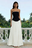 Black and White Strapless A Line Formal Dress with Pearls