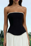 Black and White Strapless A Line Formal Dress with Pearls