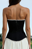 Black and White Strapless A Line Formal Dress with Pearls