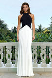 Black and White Halter Sheath Long Formal Dress