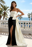 Strapless Satin Black and White Formal Dress with Bow