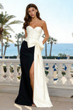 Strapless Black and White Bowed Formal Dress