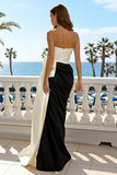 Strapless Black and White Bowed Formal Dress