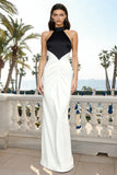 Halter Black and White Ruched Long Formal Dress