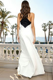 Halter Black and White Ruched Long Formal Dress