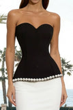 Mermaid Strapless Black and White Formal Dress with Pearls