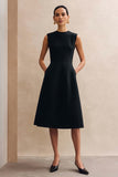 Simple Black A Line Midi Work Dress With Pockets