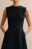 Simple Black A Line Midi Work Dress With Pockets