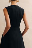 Simple Black A Line Midi Work Dress With Pockets