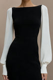 Black and White Bateau Neck Long Sleeve Work Dress
