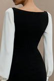 Black and White Bateau Neck Long Sleeve Work Dress