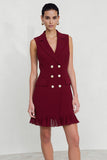 Burgundy Notched Lapel Double Breasted A Line Mini Work Dress with Ruffles
