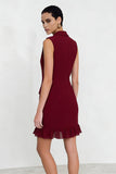 Burgundy Notched Lapel Double Breasted A Line Mini Work Dress with Ruffles