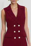 Burgundy Notched Lapel Double Breasted A Line Mini Work Dress with Ruffles