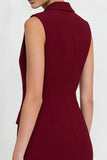 Burgundy Notched Lapel Double Breasted A Line Mini Work Dress with Ruffles