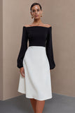 Black and White A Line Off the Shoulder Midi Work Dress with Long Sleeves