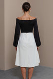 Black and White A Line Off the Shoulder Midi Work Dress with Long Sleeves