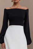 Black and White A Line Off the Shoulder Midi Work Dress with Long Sleeves