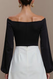 Black and White A Line Off the Shoulder Midi Work Dress with Long Sleeves