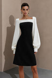 Black and White A Line Square Neck Midi Dress With Long Sleeves