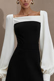 Black and White A Line Square Neck Midi Dress With Long Sleeves