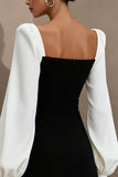 Black and White A Line Square Neck Midi Dress With Long Sleeves
