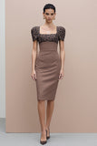 Brown Leopard Square Neck Pencil Midi Work Dress with Puff Sleeves