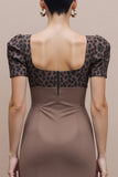 Brown Leopard Square Neck Pencil Midi Work Dress with Puff Sleeves