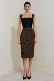 Pencil Black and Brown Leopard Square Neck Midi Work Dress