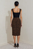Pencil Black and Brown Leopard Square Neck Midi Work Dress
