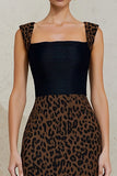 Pencil Black and Brown Leopard Square Neck Midi Work Dress