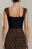 Pencil Black and Brown Leopard Square Neck Midi Work Dress
