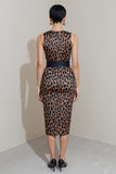 Pencil Brown Leopard Midi Work Dress With Belt