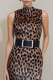 Pencil Brown Leopard Midi Work Dress With Belt