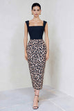 Black and Brown Leopard Pencil Square Neck Midi Work Dress